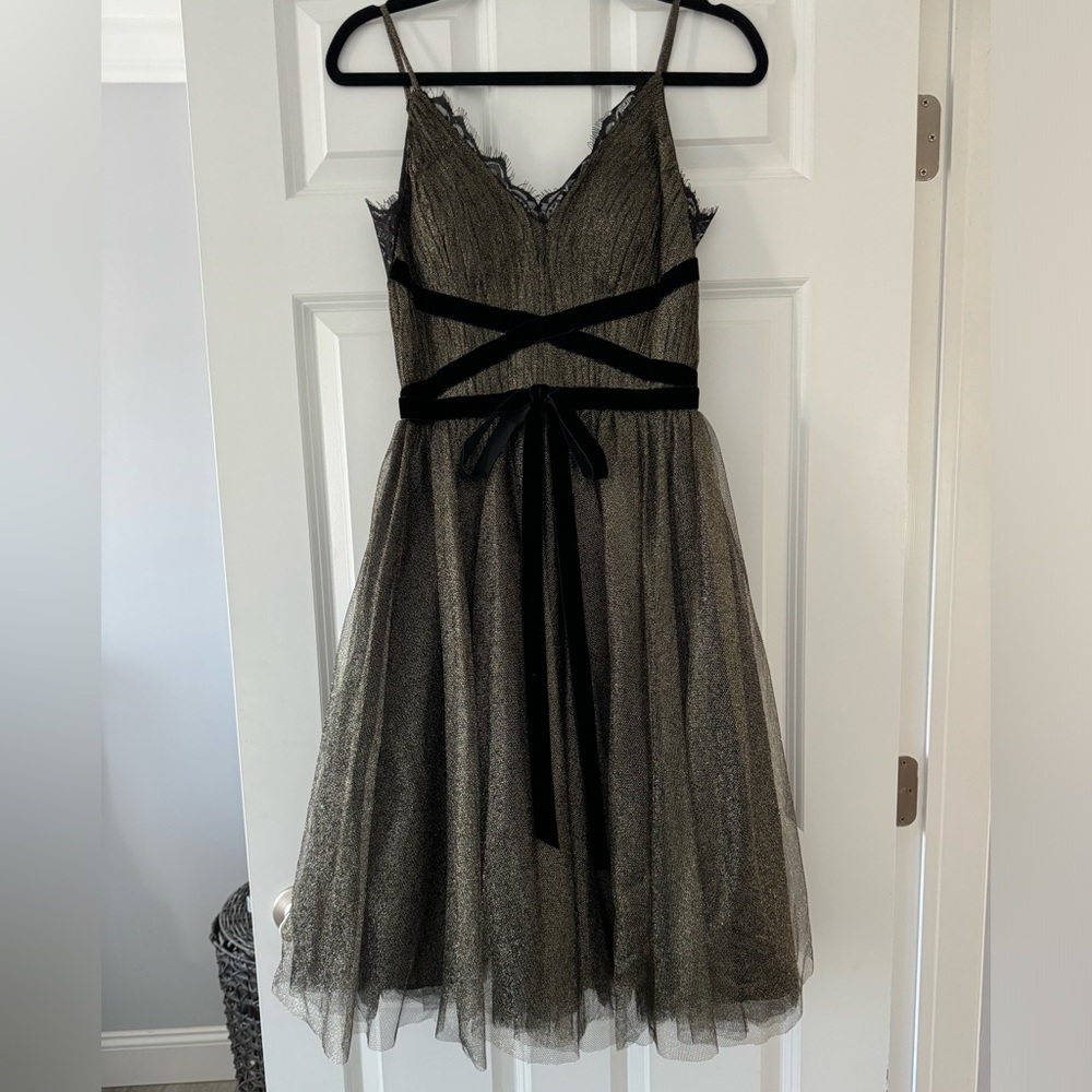 Gold/Black Tulle Holiday Dress with Lace Trim